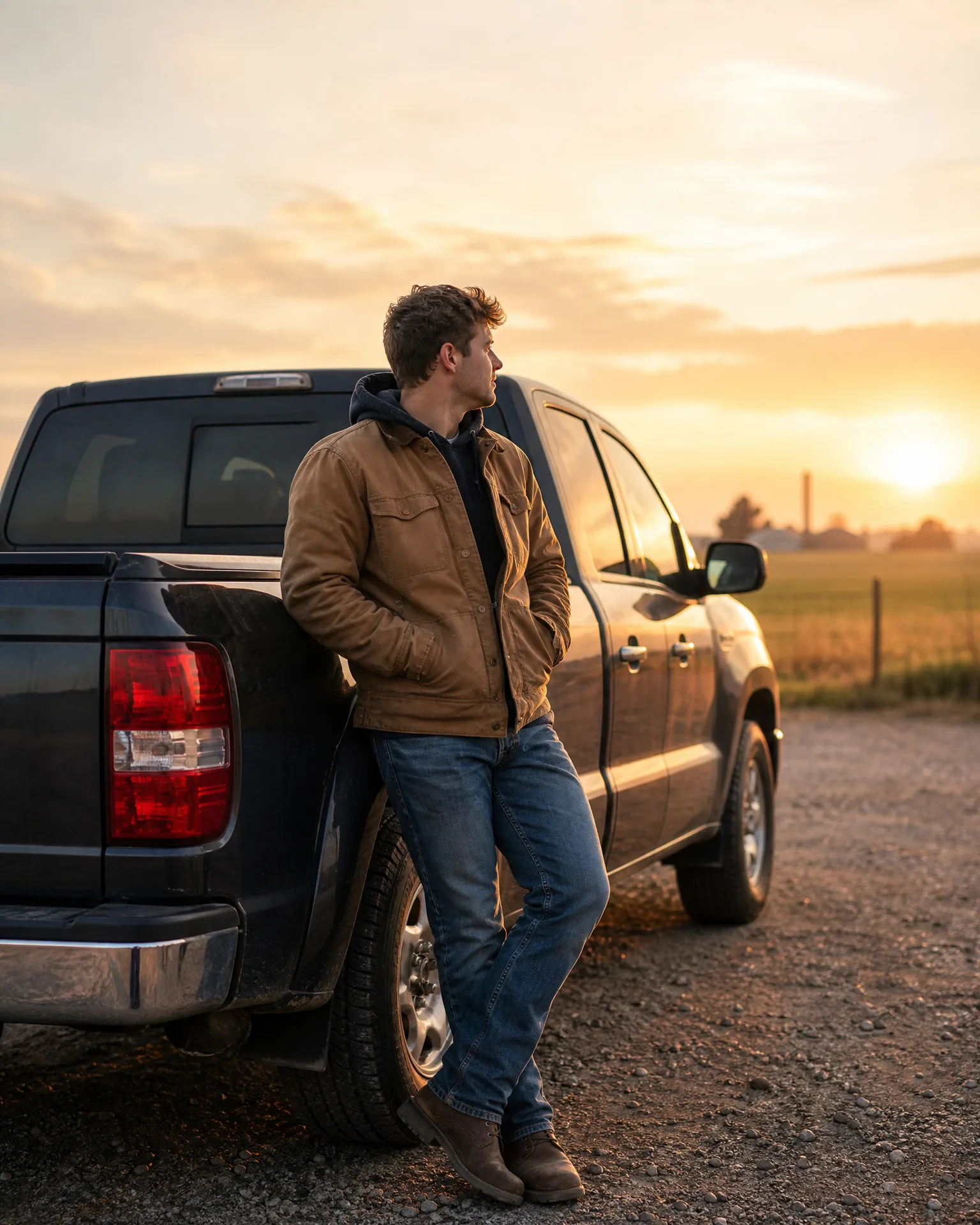 A man in a tan jacket and jeans leans against the side of a dark pickup truck parked on gravel, looking toward a sunset over flat fields.