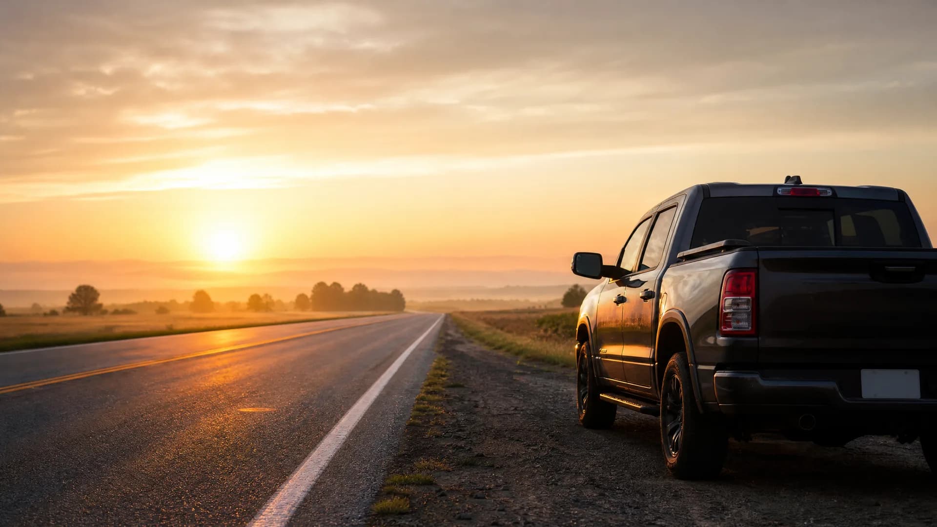 A dark pickup truck parked on the gravel shoulder of a two-lane road at sunrise or sunset, with flat fields and distant trees under an orange sky.