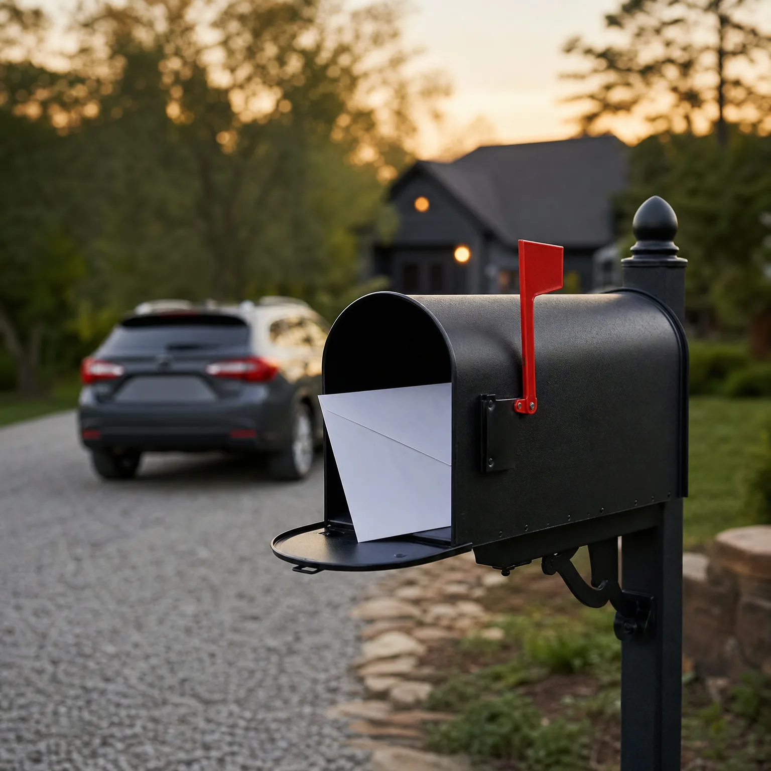An open black mailbox with its red flag raised holds a white envelope, mounted on a post beside a gravel driveway where a dark SUV is parked in front of a house at dusk.