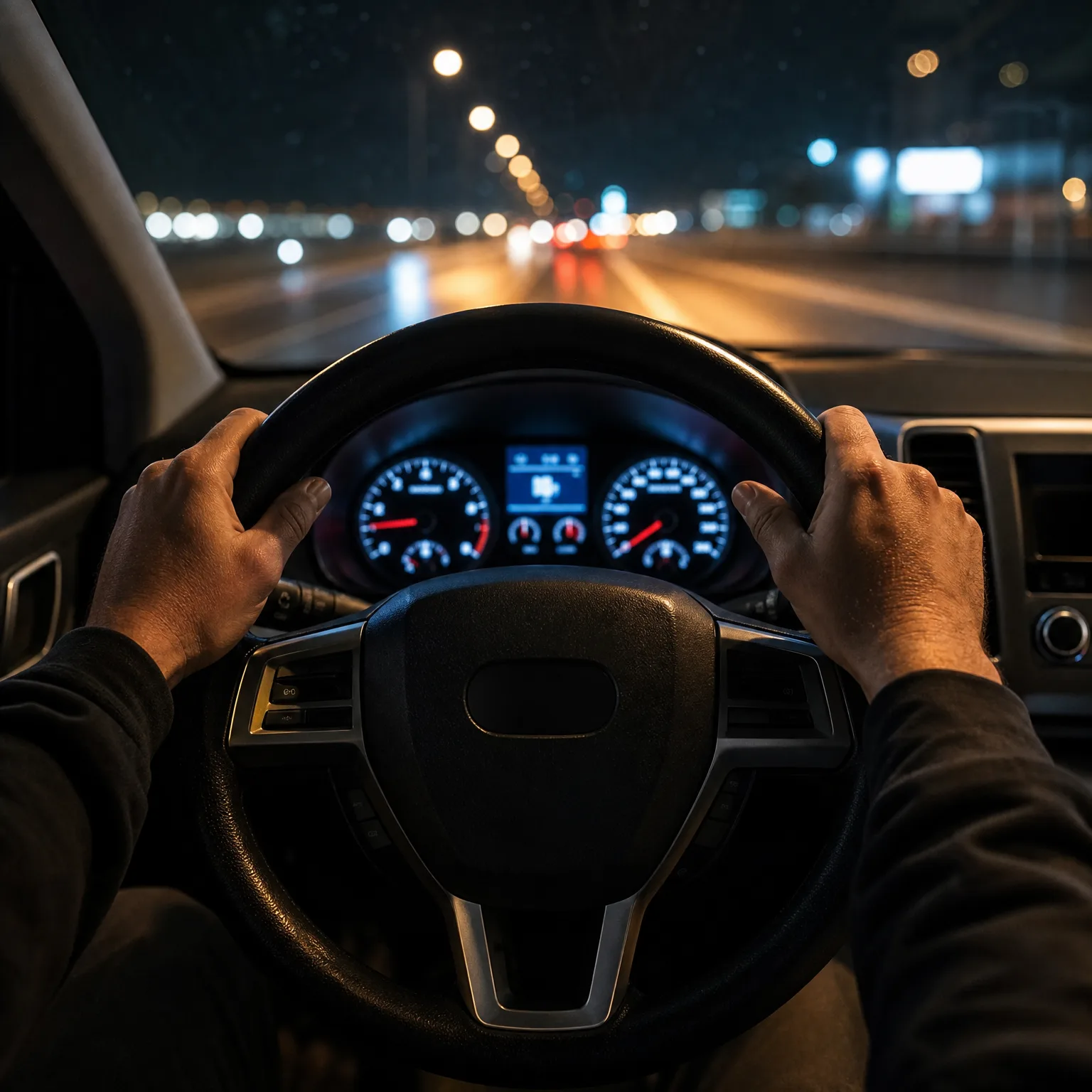 Driver's-eye view at night of two hands gripping a car steering wheel, with the illuminated instrument cluster behind it and blurred road lights through the windshield.