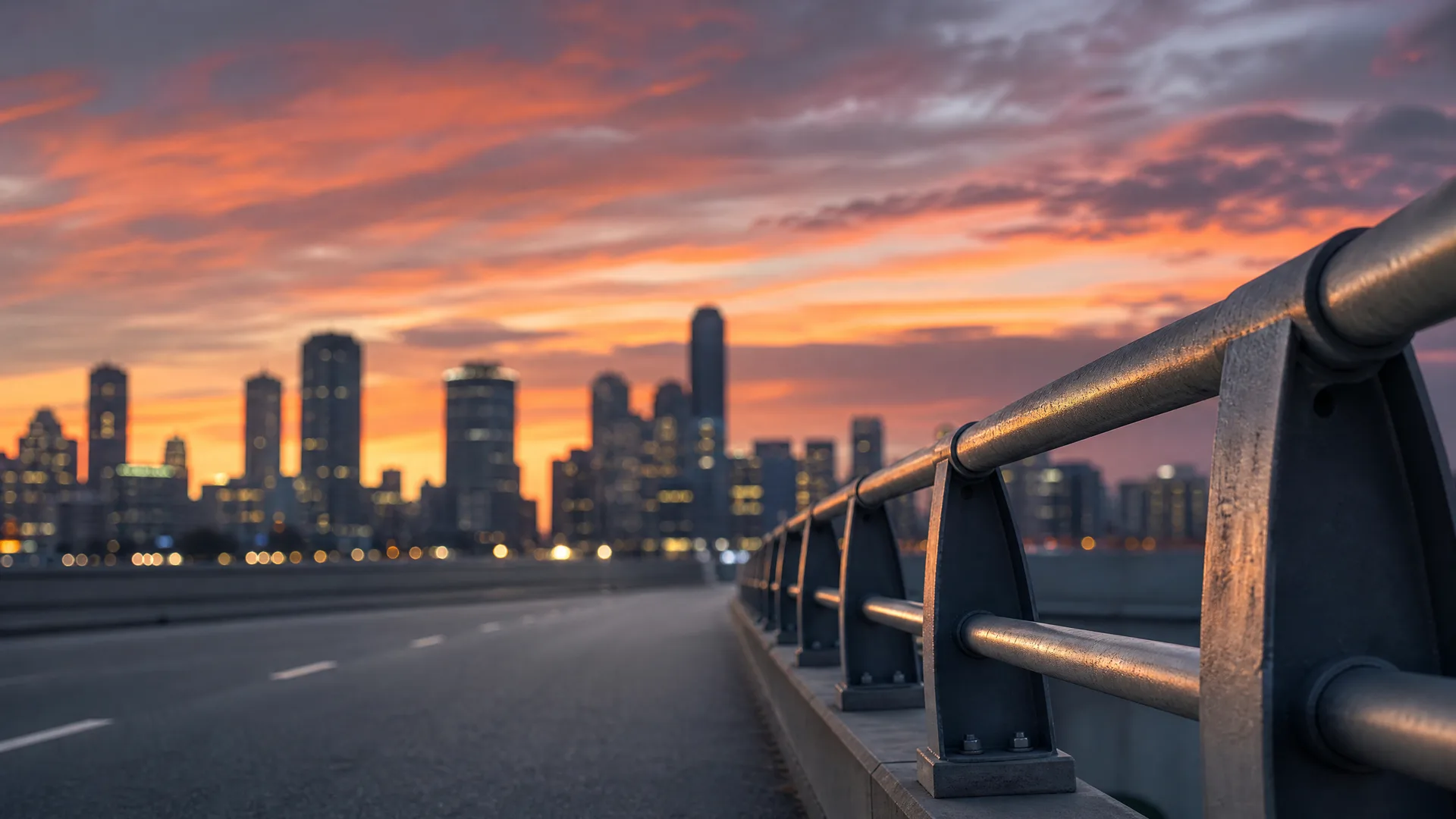 An empty road on a bridge with a metal guardrail in sharp foreground focus, leading toward a blurred city skyline of lit high-rise buildings under an orange and purple sunset sky.